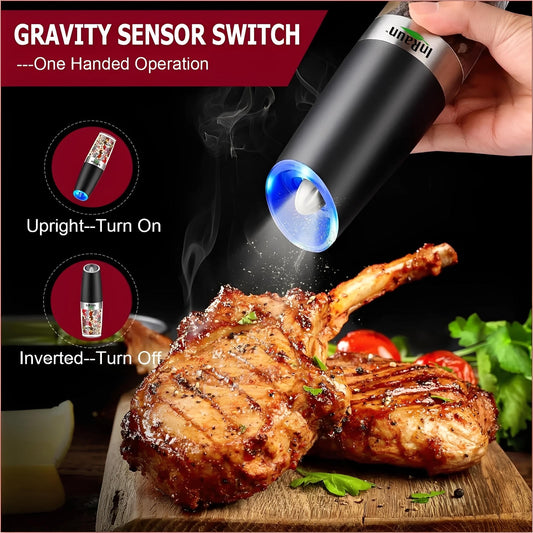 InRaun Gravity Electric Salt and Pepper Grinder Set, Stainless Steel Pepper and Salt Mills Shakers, Adjustable Coarseness, Battery Powered with LED Light, One Hand Automatic Operation, Black (2Psc)