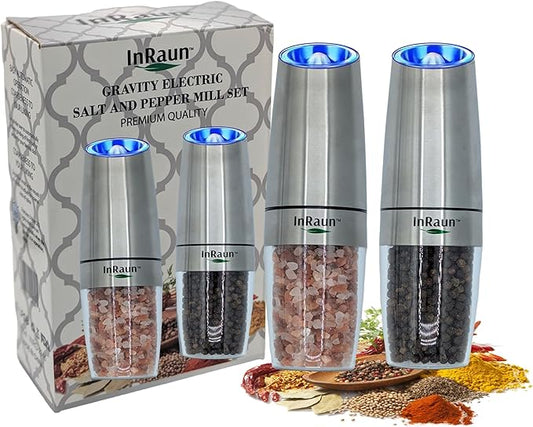 Gravity Electric Salt and Pepper Grinder Set, Stainless Steel Pepper and Salt Mills Shakers, Adjustable Coarseness, Battery Powered with LED Light, One Hand Automatic Operation, Silver (2Psc)