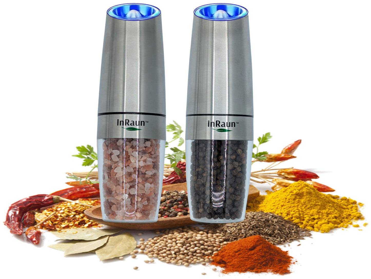 InRaun Gravity Electric Salt & Pepper Grinder Set – End Messy, Uneven Seasoning, Zero Clogging, Grind Fresh, One-Hand Automatic, Adjustable Coarseness, LED Light, Stainless Steel Mills, Silver (2Psc)