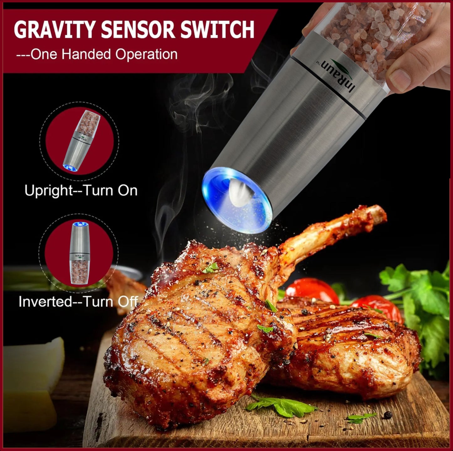 InRaun Gravity Electric Salt & Pepper Grinder Set – End Messy, Uneven Seasoning, Zero Clogging, Grind Fresh, One-Hand Automatic, Adjustable Coarseness, LED Light, Stainless Steel Mills, Silver (2Psc)