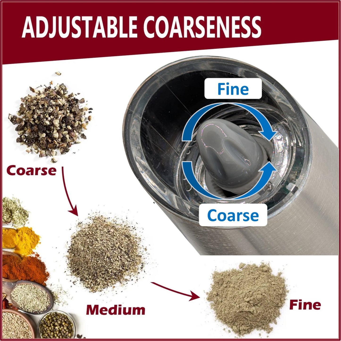 InRaun Gravity Electric Salt & Pepper Grinder Set – End Messy, Uneven Seasoning, Zero Clogging, Grind Fresh, One-Hand Automatic, Adjustable Coarseness, LED Light, Stainless Steel Mills, Silver (2Psc)