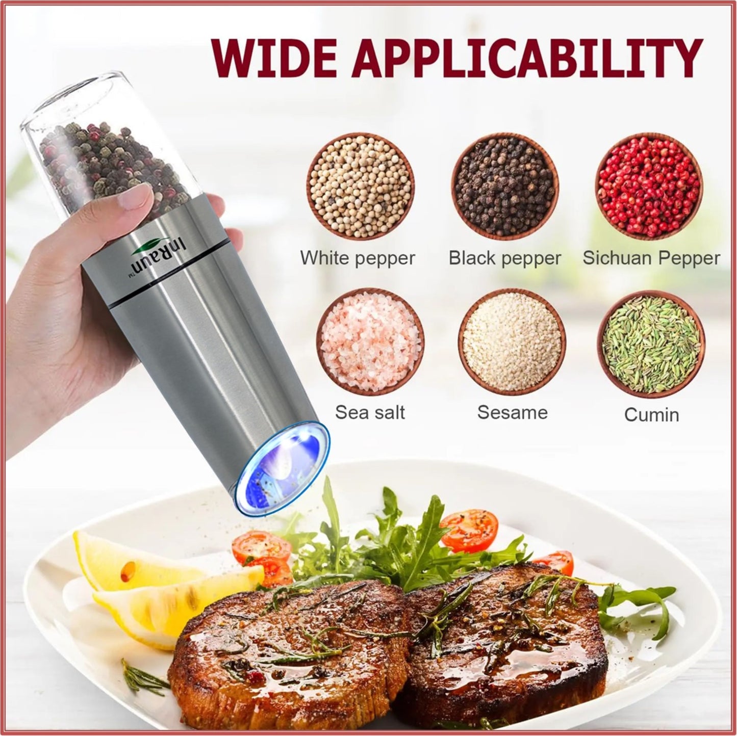 InRaun Gravity Electric Salt & Pepper Grinder Set – End Messy, Uneven Seasoning, Zero Clogging, Grind Fresh, One-Hand Automatic, Adjustable Coarseness, LED Light, Stainless Steel Mills, Silver (2Psc)